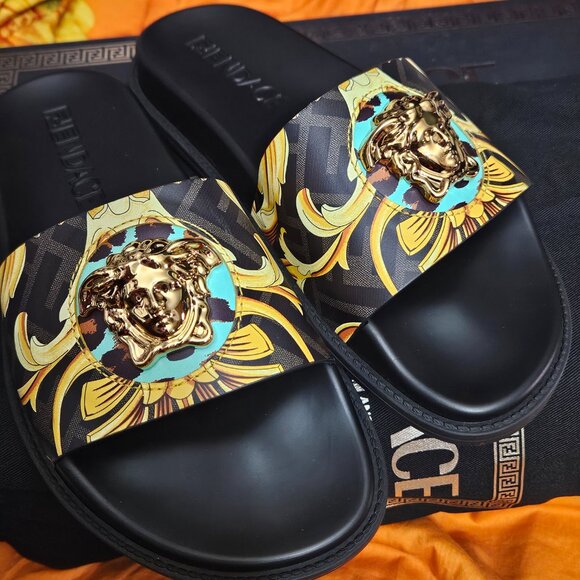 Pool Slide Vitello St FENDACE Gold Baroque Multicolor-Oro VERSACE size 5 - Picture 6 of 9